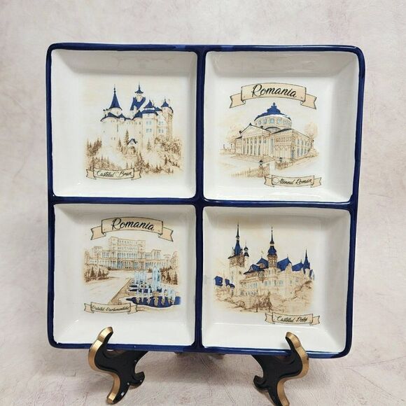 Arts & Craft 7.75"  Romanian 4 Sectioned Square Plate Dish Aper wild - Picture 1 of 9